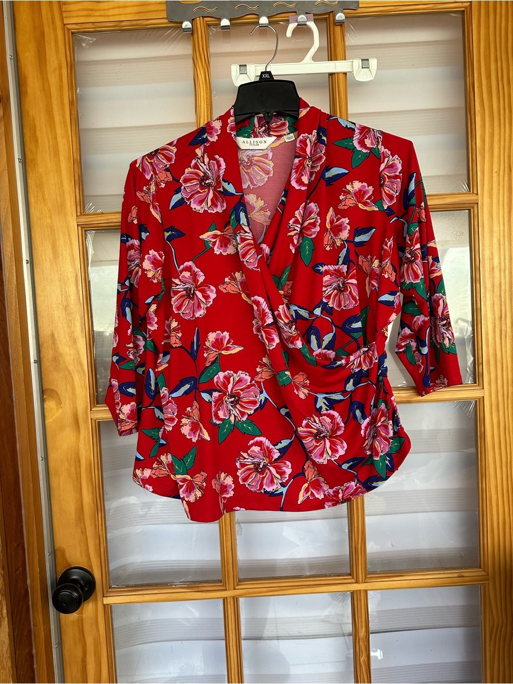 Allison Taylor Red Floral Faux-Wrap Blouse